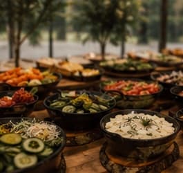 BBQ-Buffet mit Salaten und Beilagen